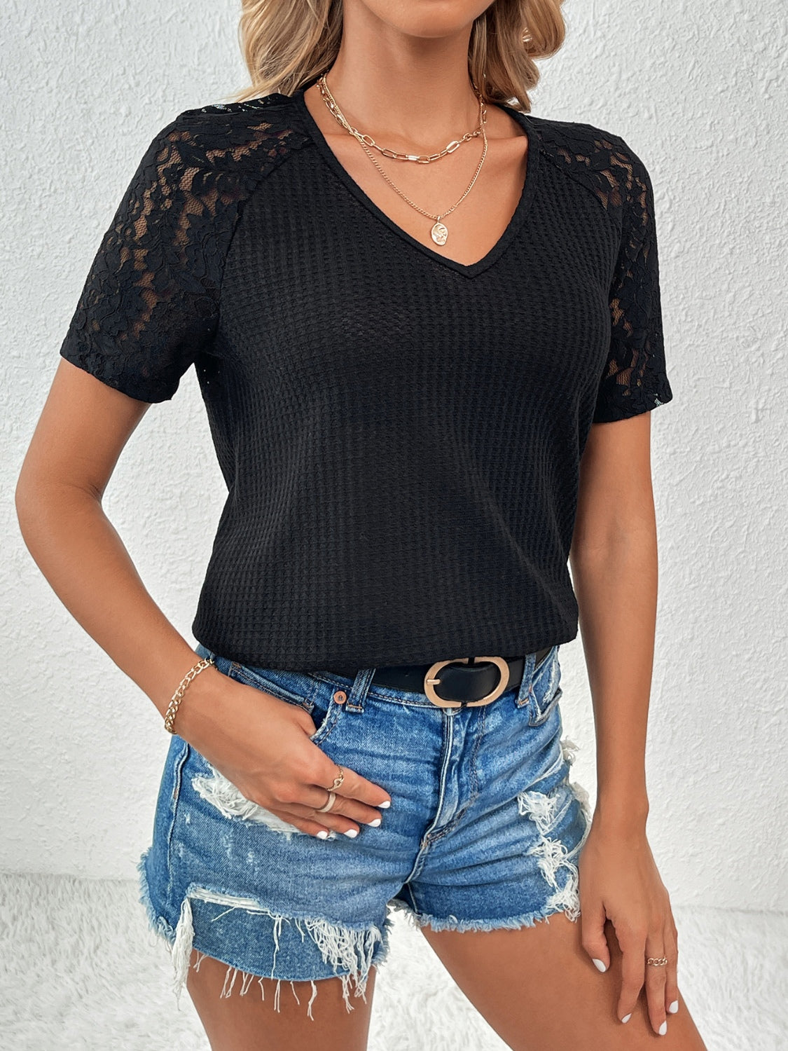 Lace Detail V-Neck T-Shirt