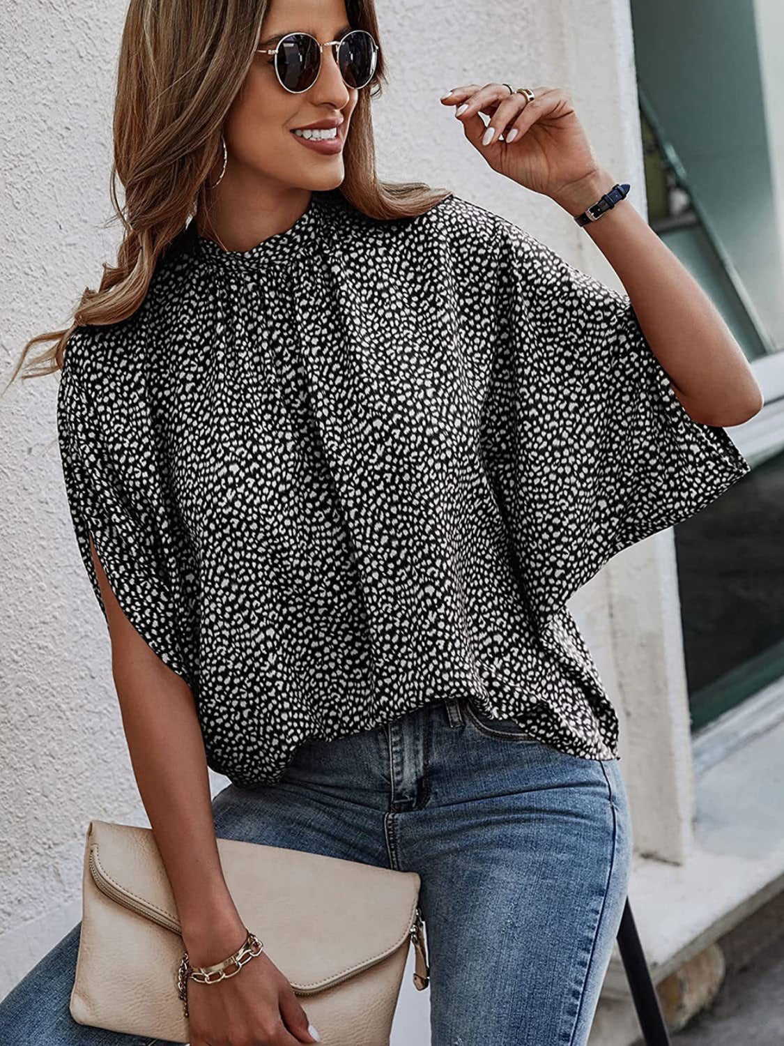 Tied Mock Neck Half Sleeve Blouse