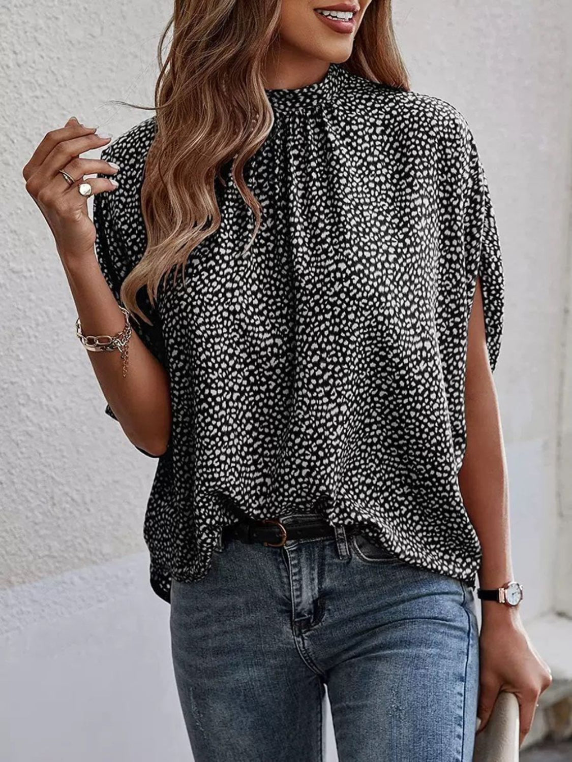 Tied Mock Neck Half Sleeve Blouse