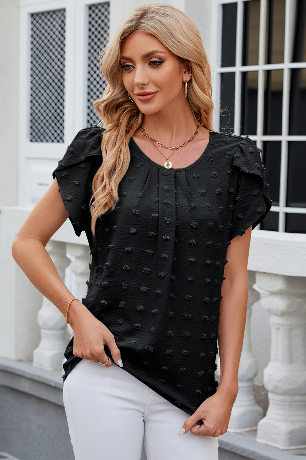 Swiss Dot Petal Sleeve Top