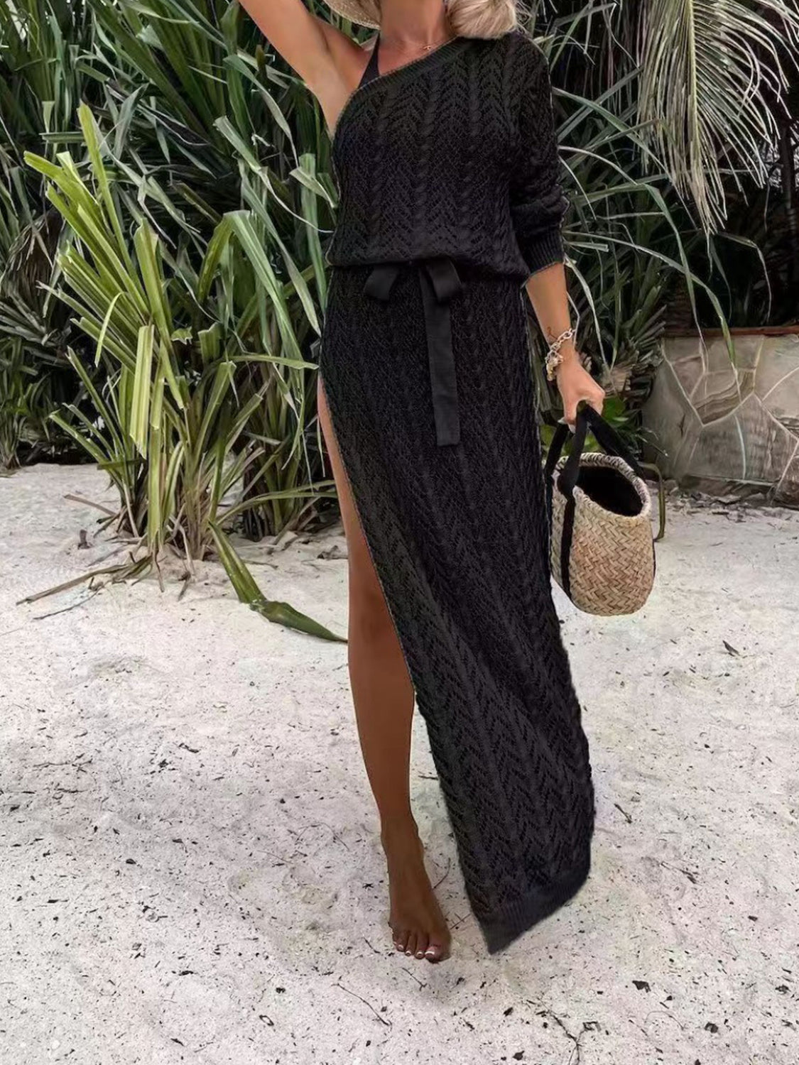 Slit Openwork Knit Beach Dress