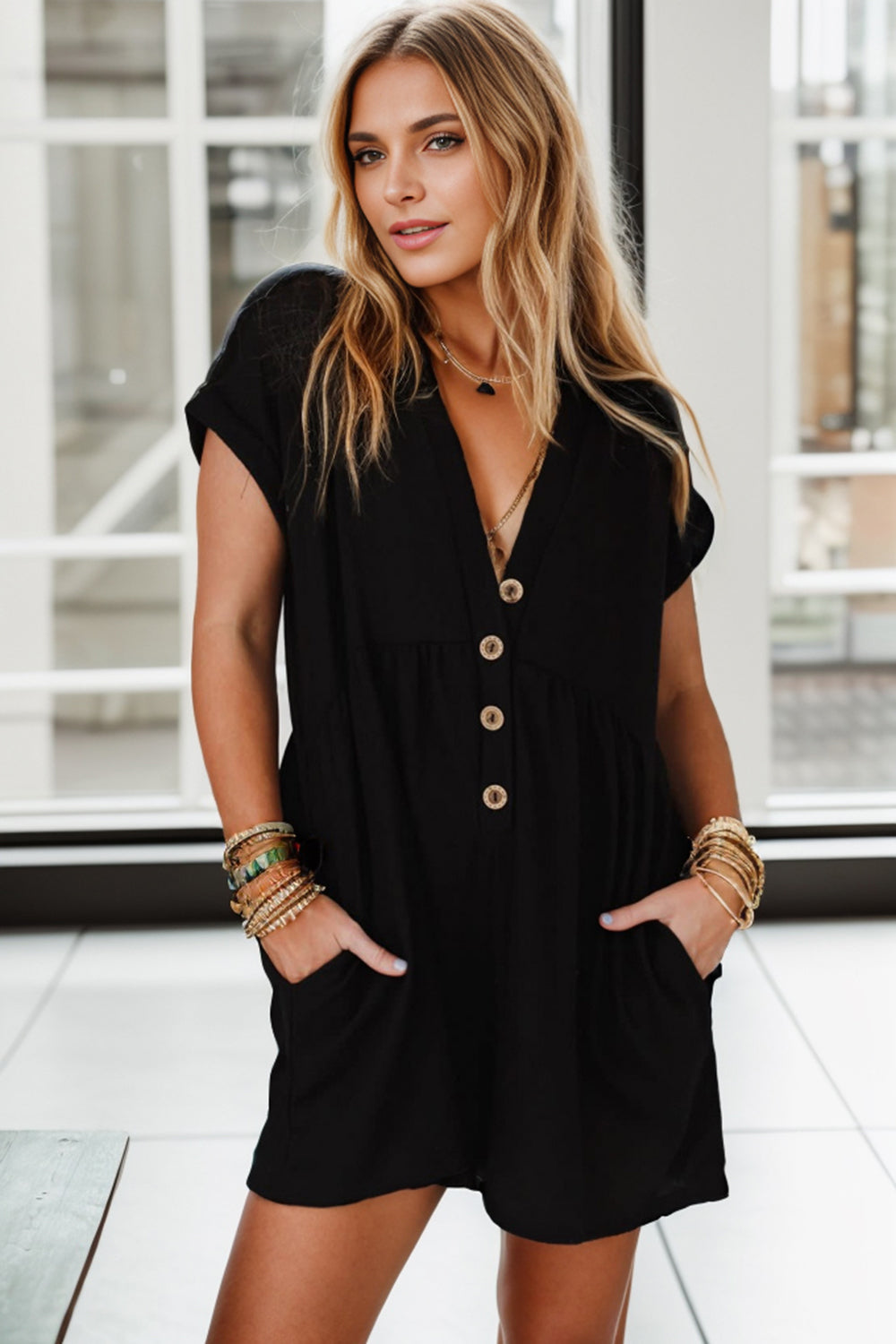 Pocketed V-Neck Romper