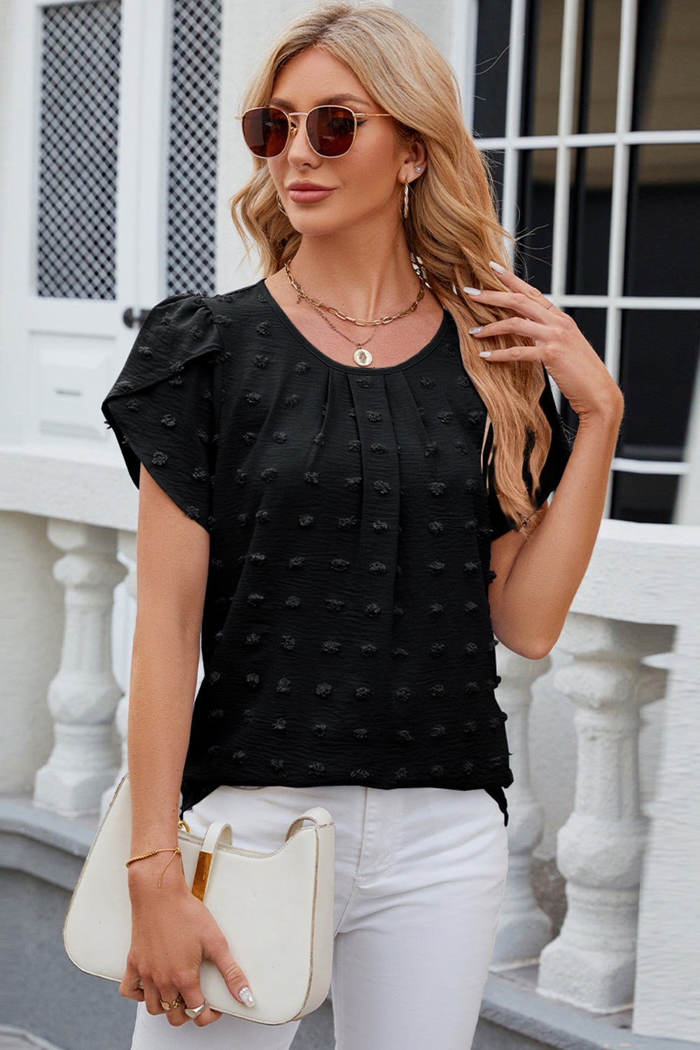 Swiss Dot Petal Sleeve Top