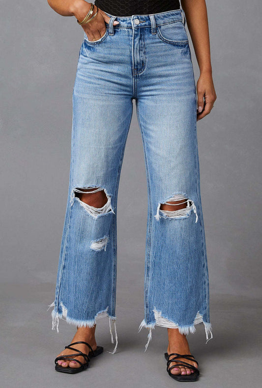 Kenny Distressed Raw Hem Jeans with Pockets