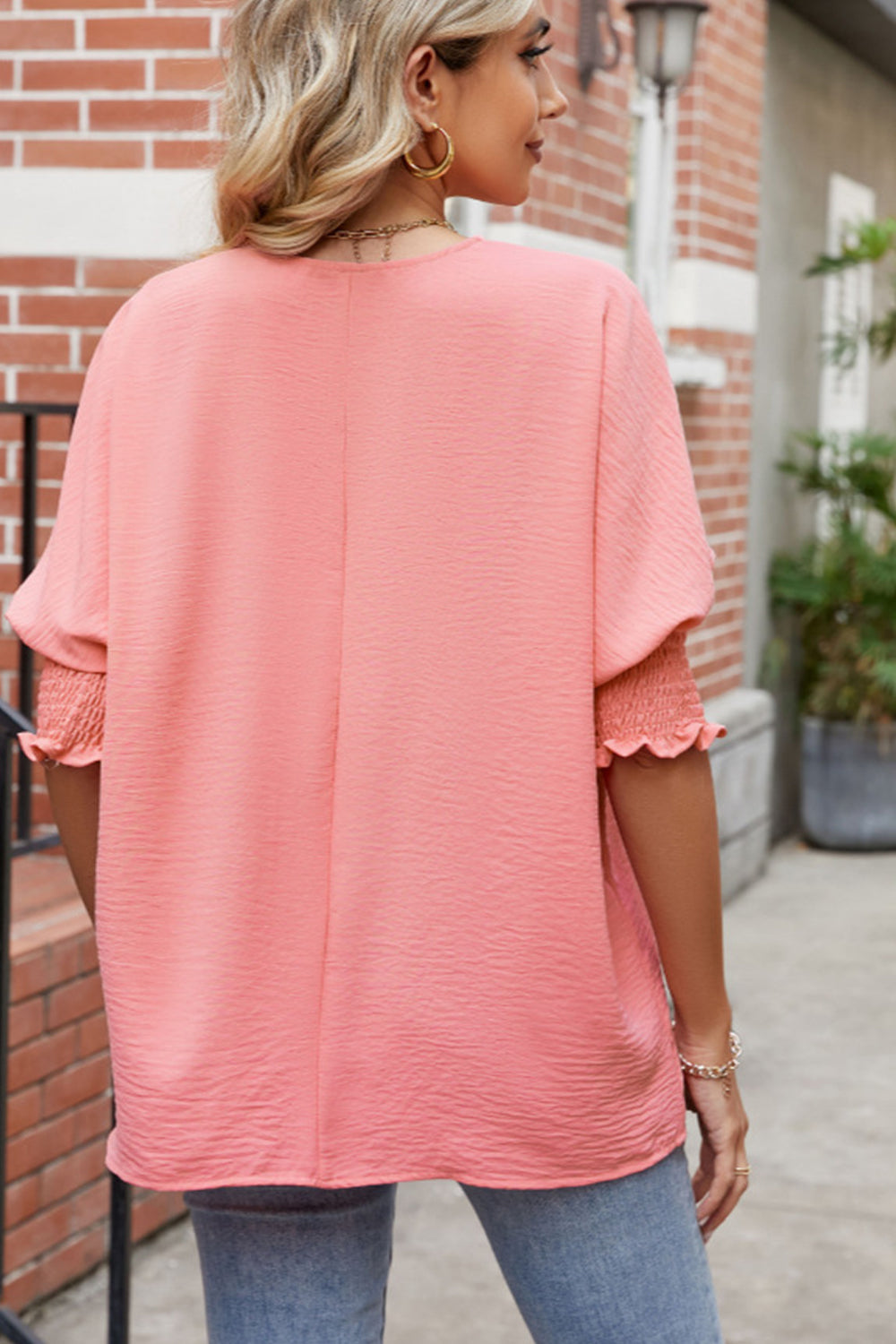 Smocked Lantern Sleeve Blouse