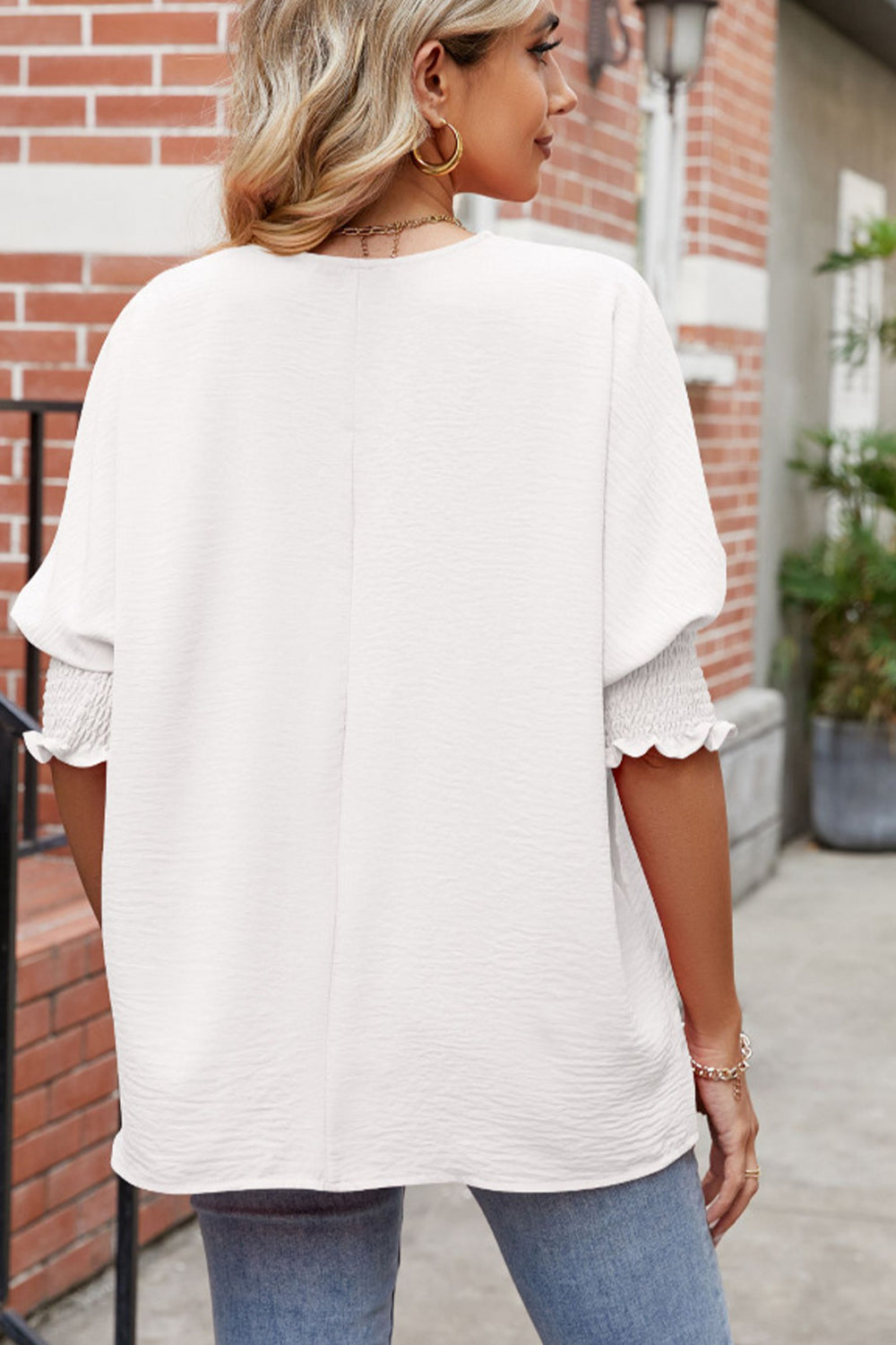 Smocked Lantern Sleeve Blouse