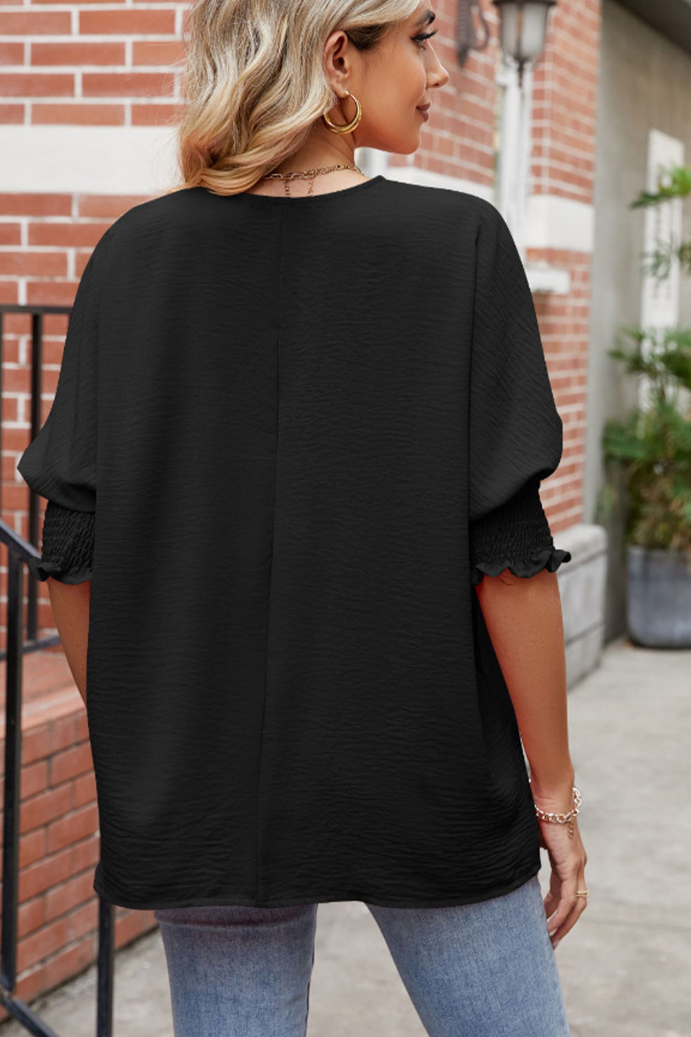 Smocked Lantern Sleeve Blouse