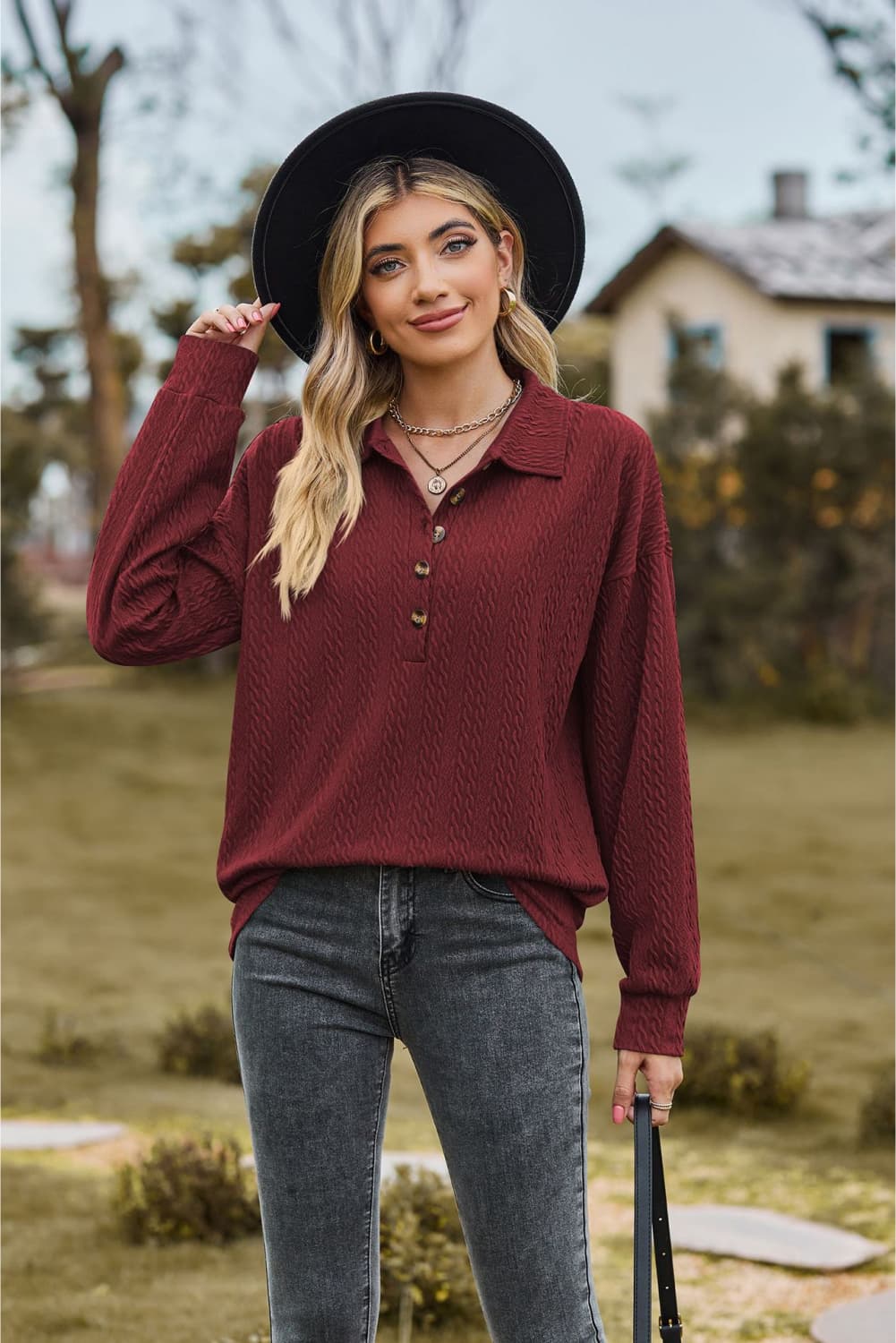 Collared Neck Long Sleeve Blouse - Tangerine Goddess