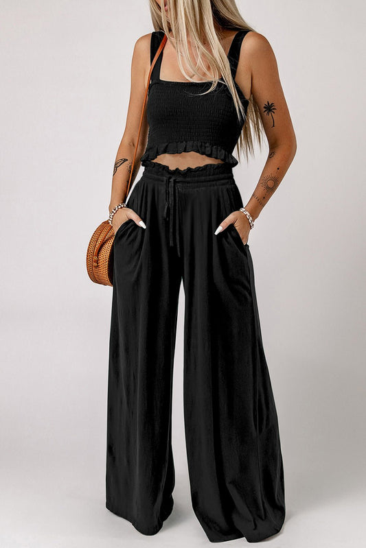 Cropped Tank Top and Long Pants Set - Top and Pants Set Tangerine Goddess Black / S