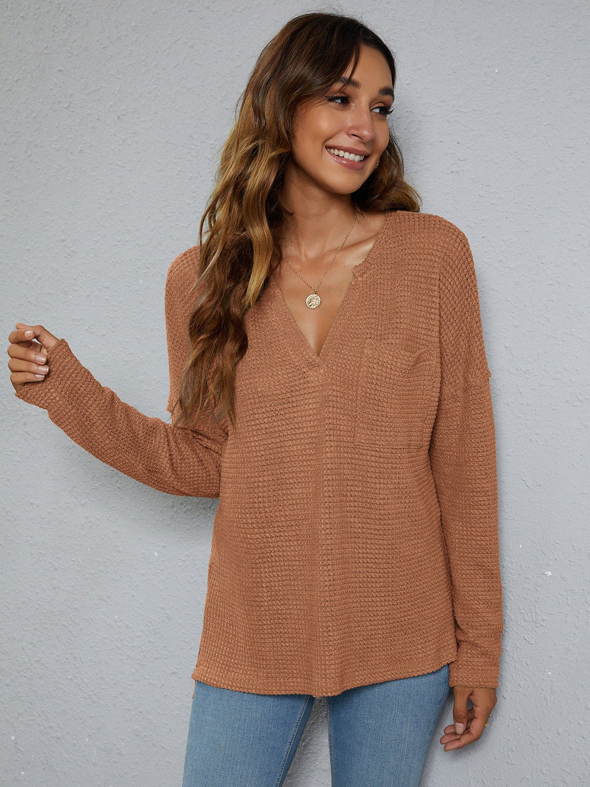 Dropped Shoulder Waffle-Knit Top - Tangerine Goddess