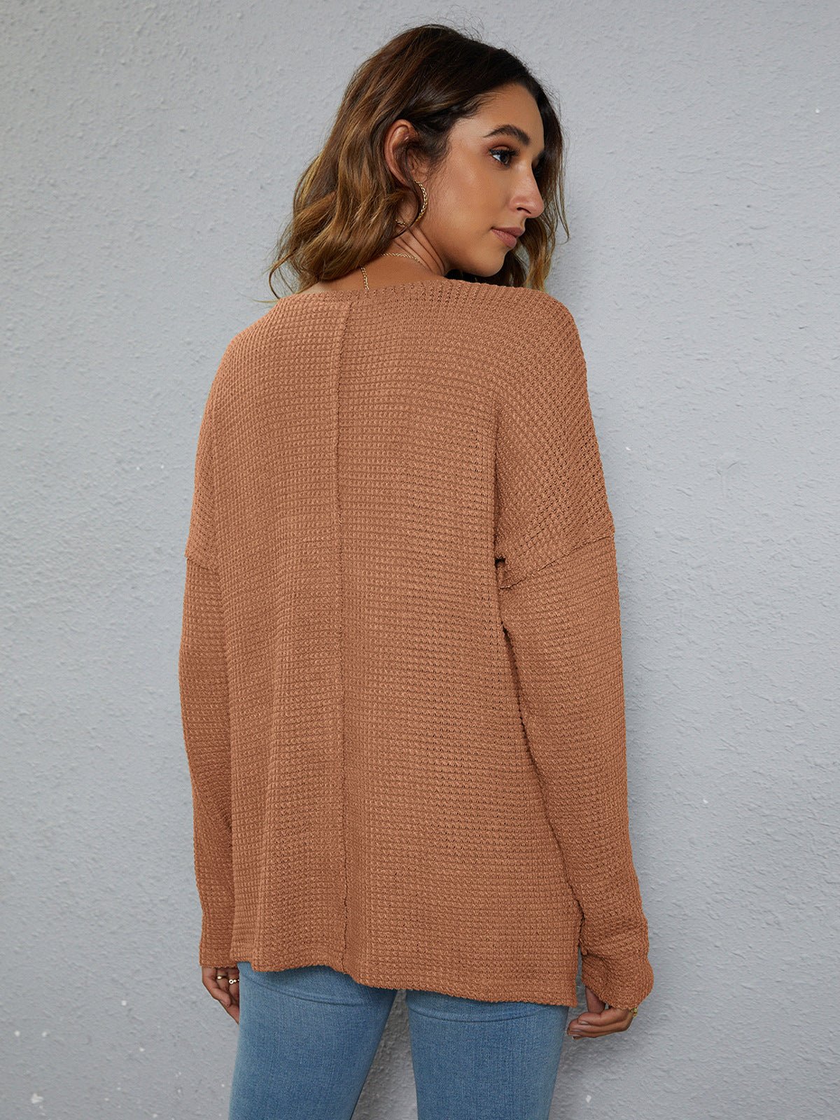 Dropped Shoulder Waffle-Knit Top - Tangerine Goddess