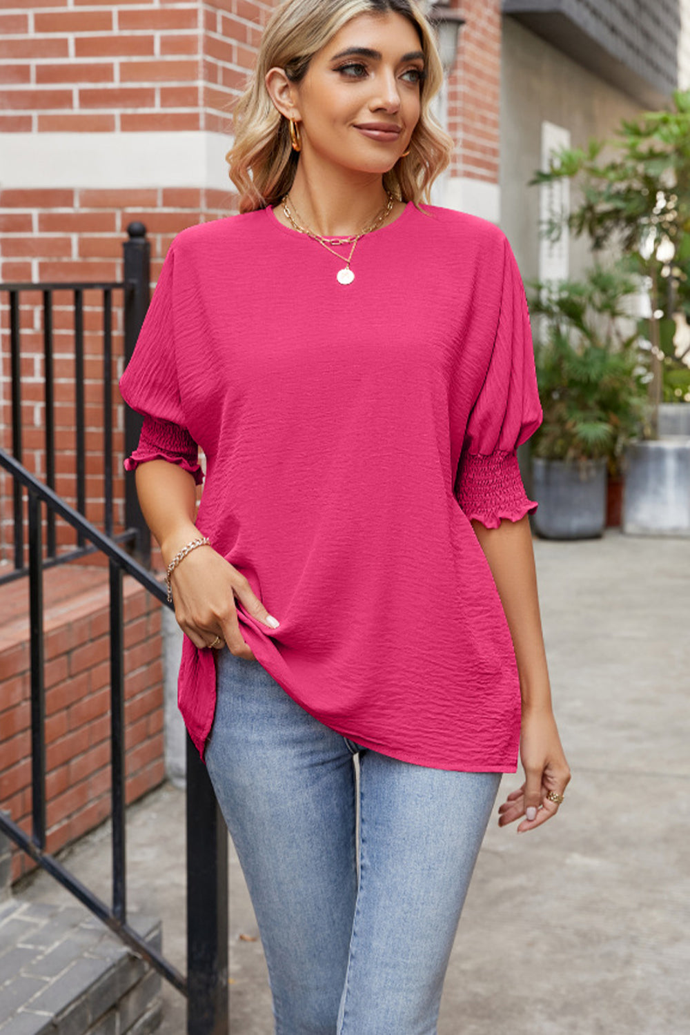 Smocked Lantern Sleeve Blouse