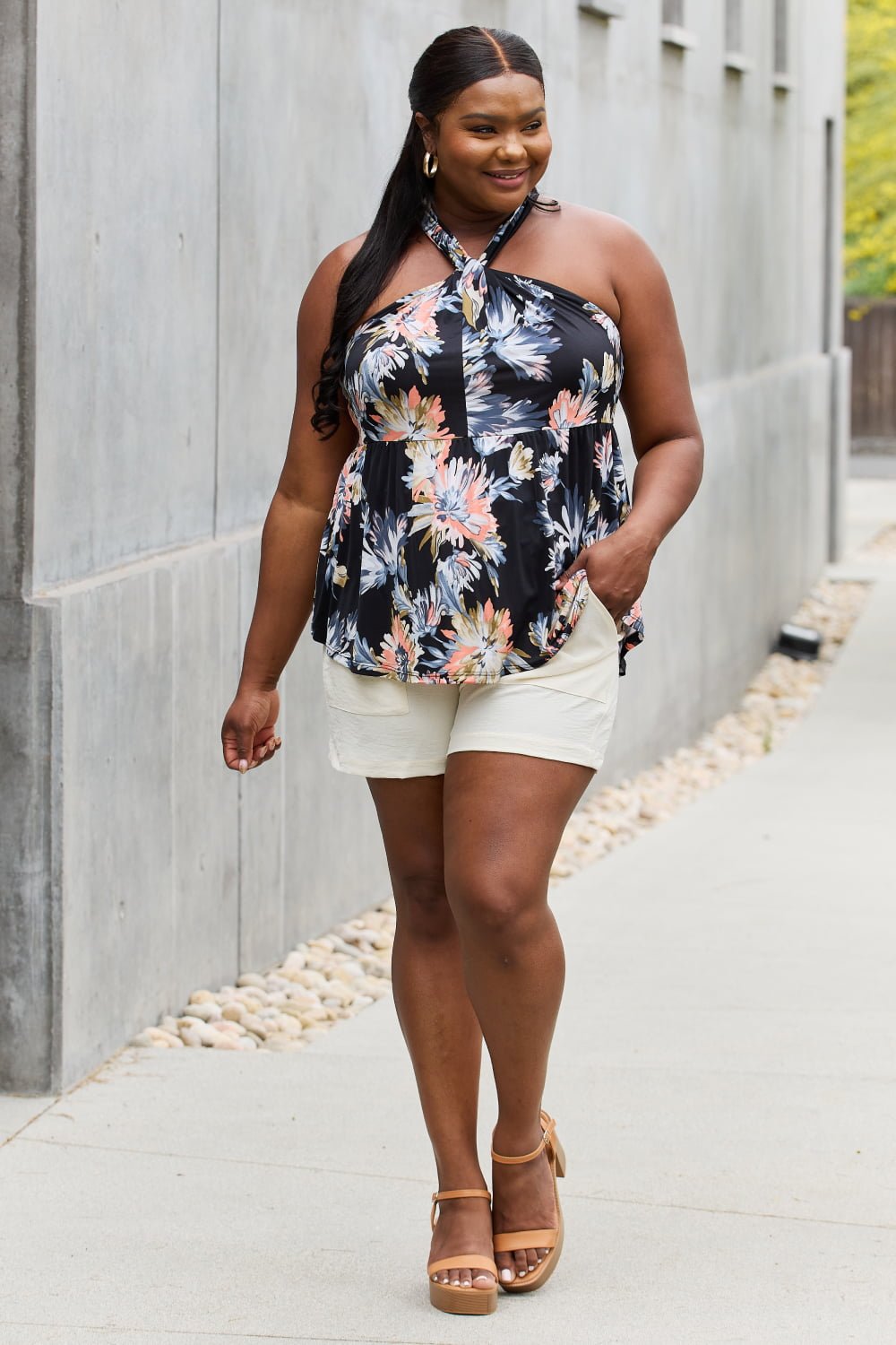 Floral Halter Top in Black - Tangerine Goddess