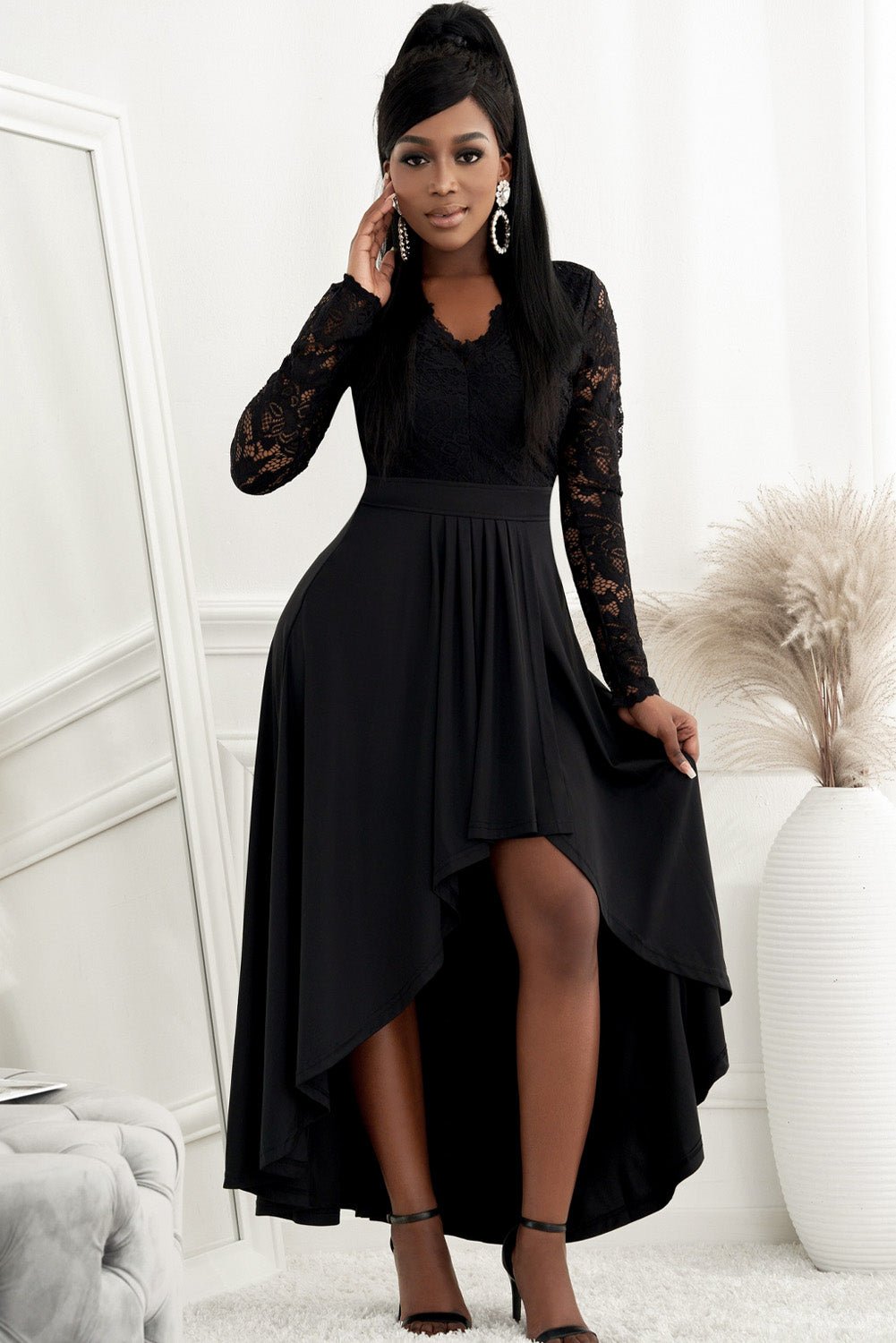 Lace High-Low V-Neck Dress - Dress Tangerine Goddess Black / S