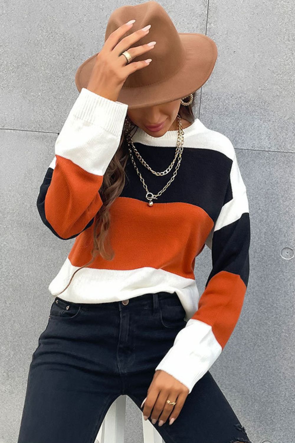 Longing For Fall Color Block Sweater - Tangerine Goddess