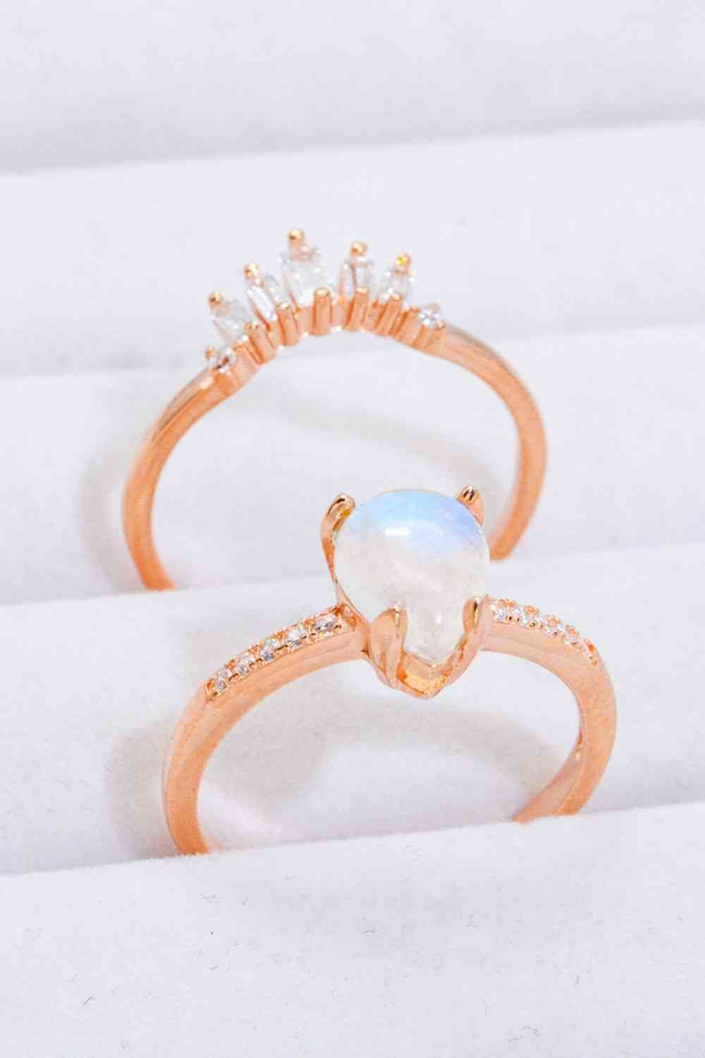 Moonstone and Zircon Two-Piece Ring Set - Tangerine Goddess