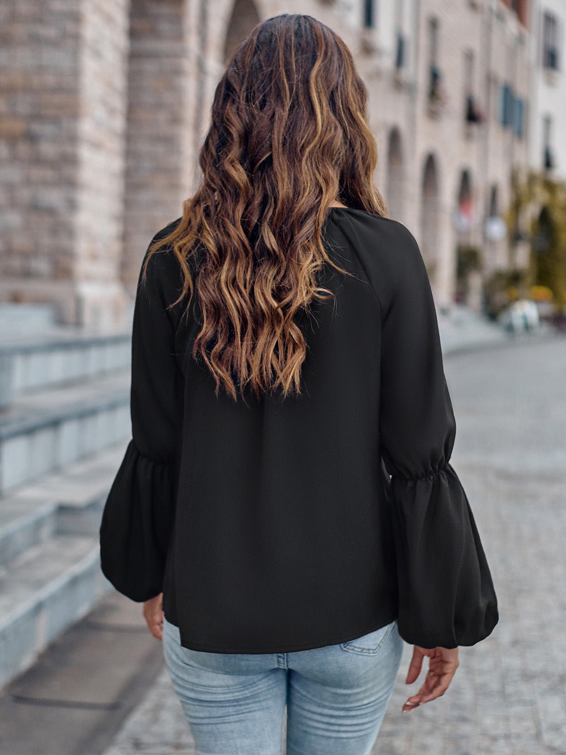 Notched Neck Long Sleeve Top - Tangerine Goddess