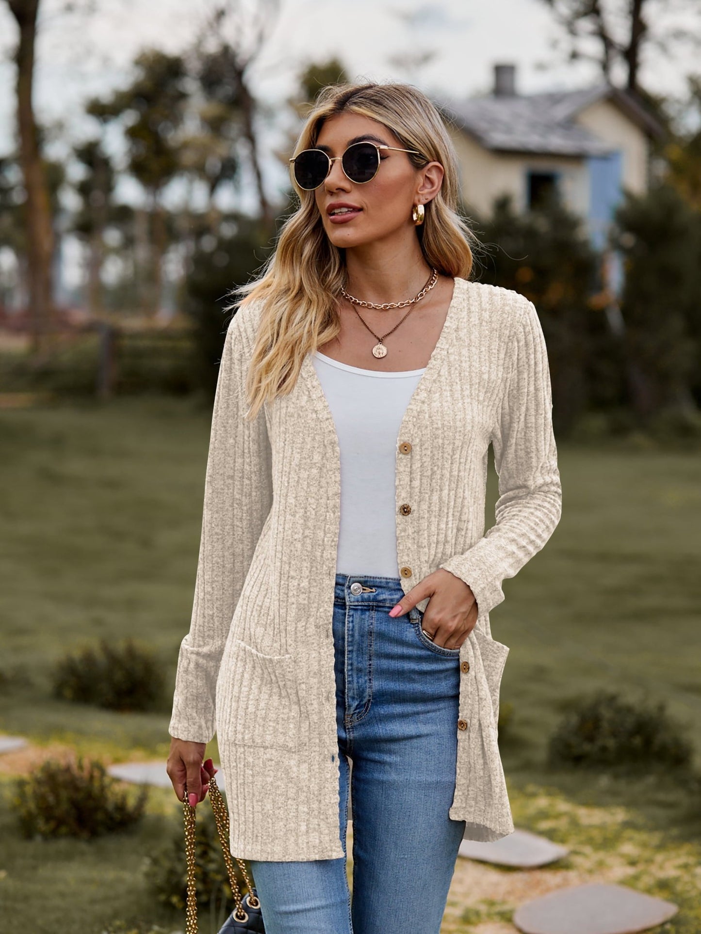 Ribbed Button-UP Cardigan with Pockets - Tangerine Goddess