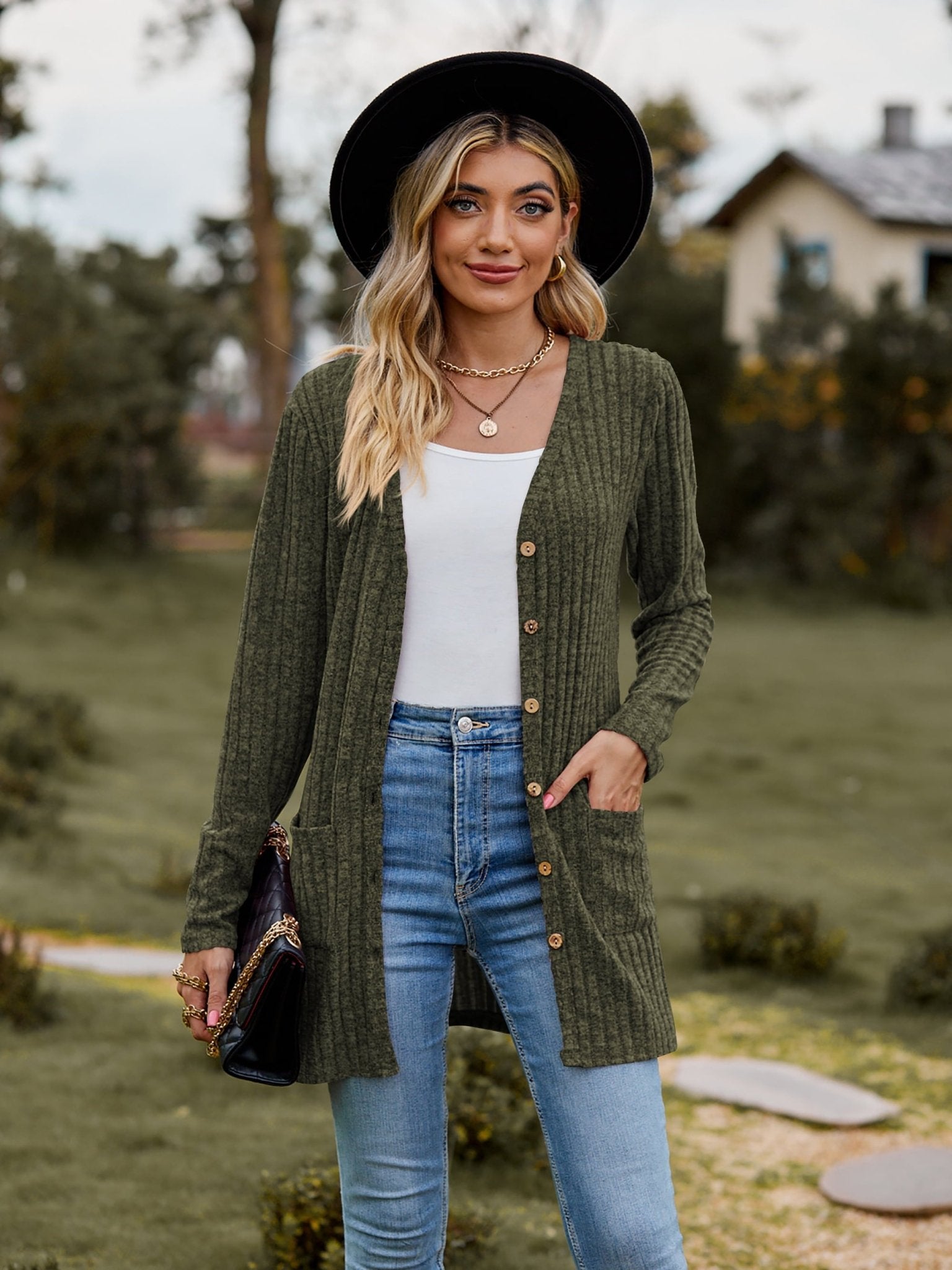 Ribbed Button-UP Cardigan with Pockets - Tangerine Goddess