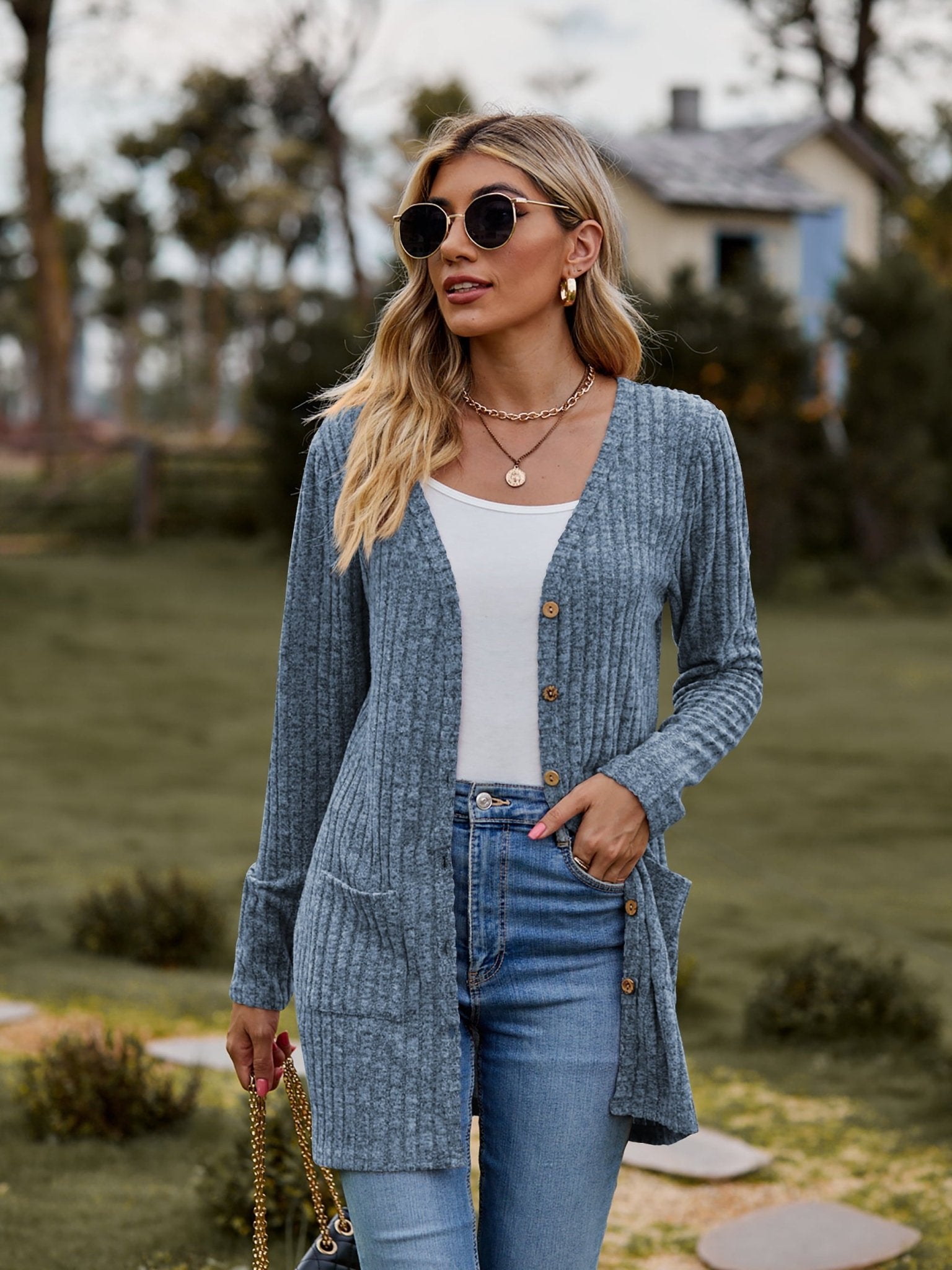 Ribbed Button-UP Cardigan with Pockets - Tangerine Goddess