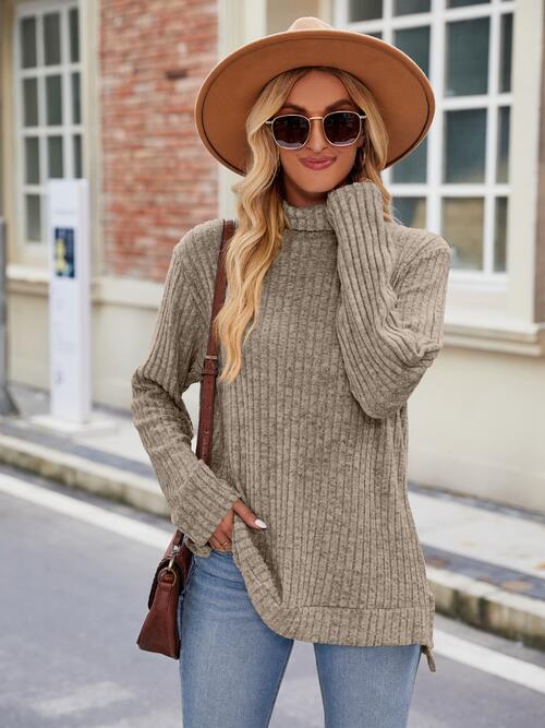 Ribbed Turtleneck Slit Knit Top - Tangerine Goddess