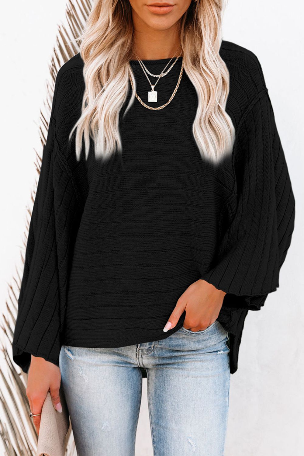 Round Neck Long Sleeve Knit Top - Tangerine Goddess