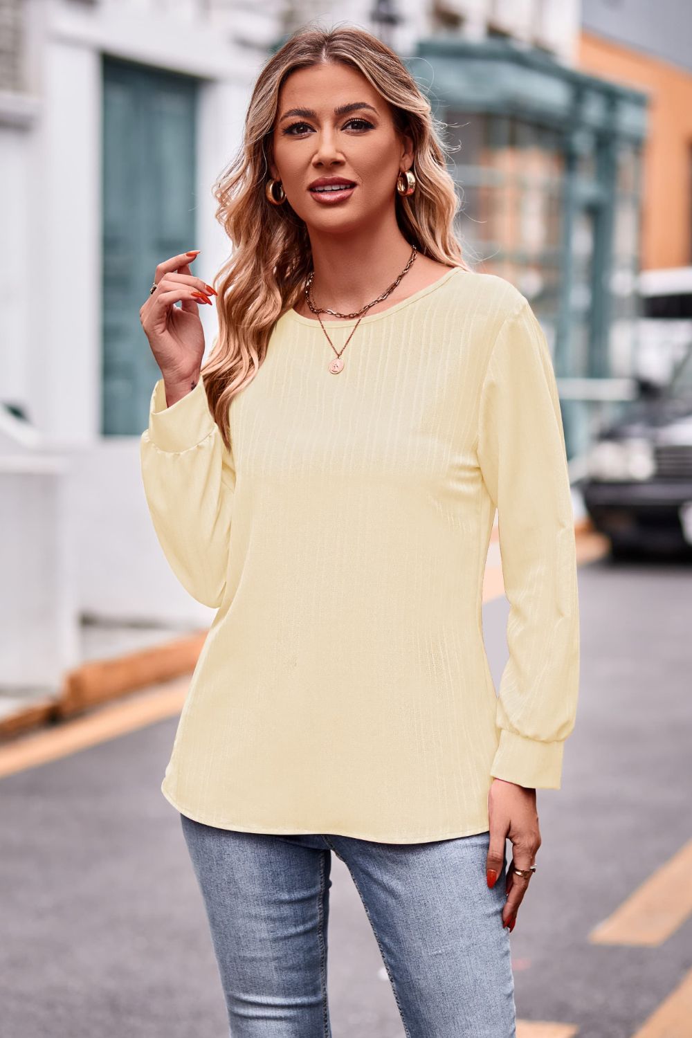 Round Neck Long Sleeve Tee - Tangerine Goddess