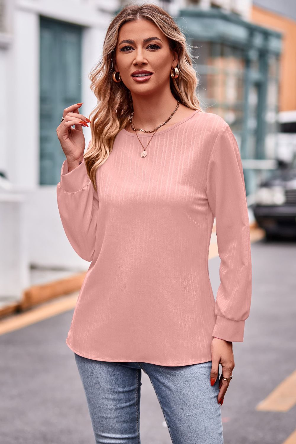 Round Neck Long Sleeve Tee - Tangerine Goddess