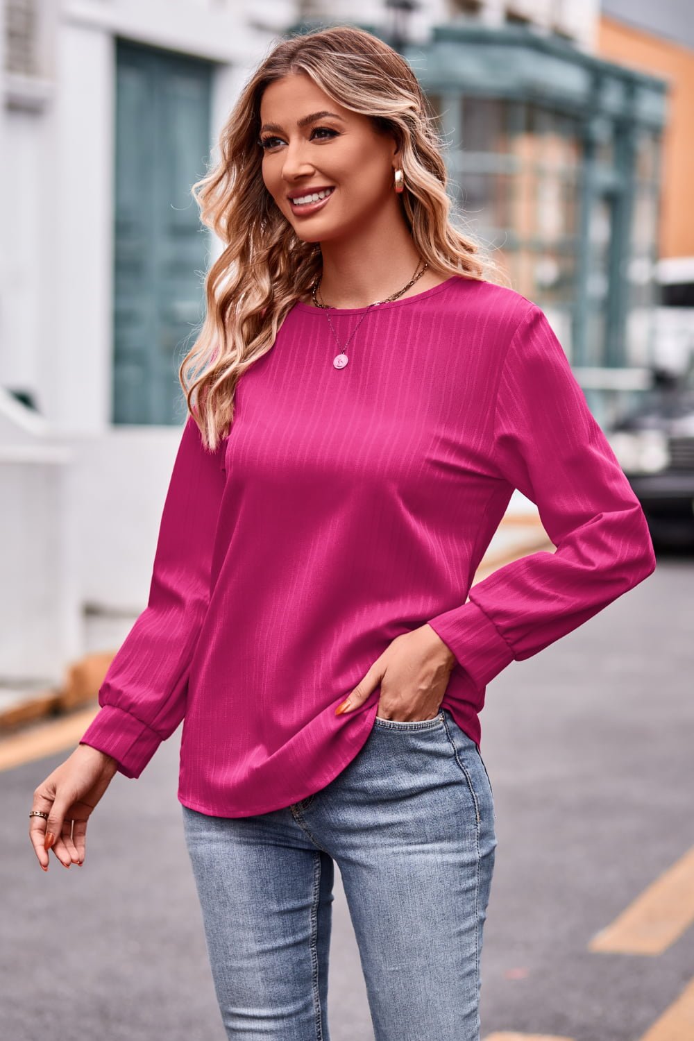 Round Neck Long Sleeve Tee - Tangerine Goddess