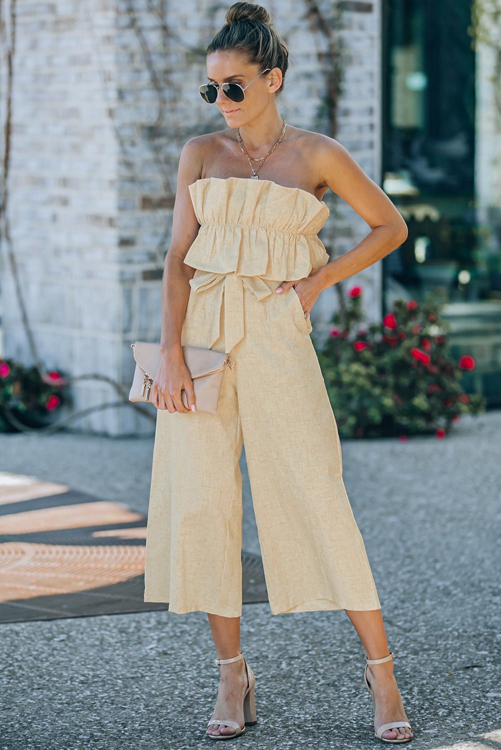 Ruffled Strapless Jumpsuit - Tangerine Goddess