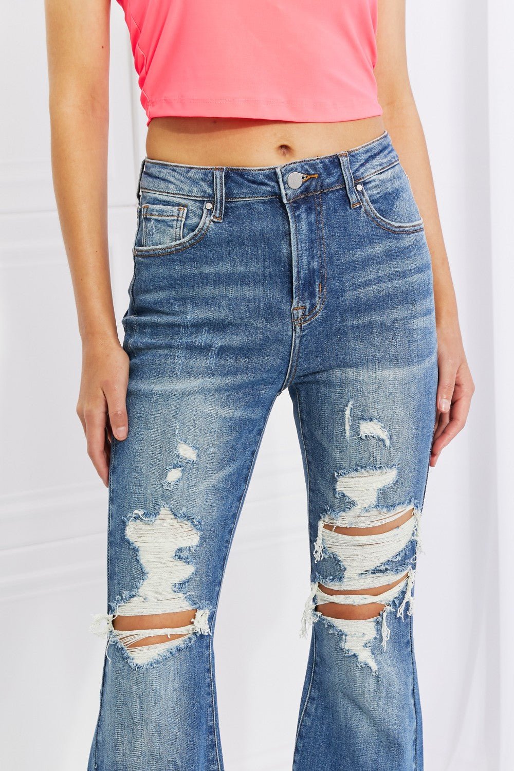 Sage High Rise Distressed Flare Jeans - Tangerine Goddess