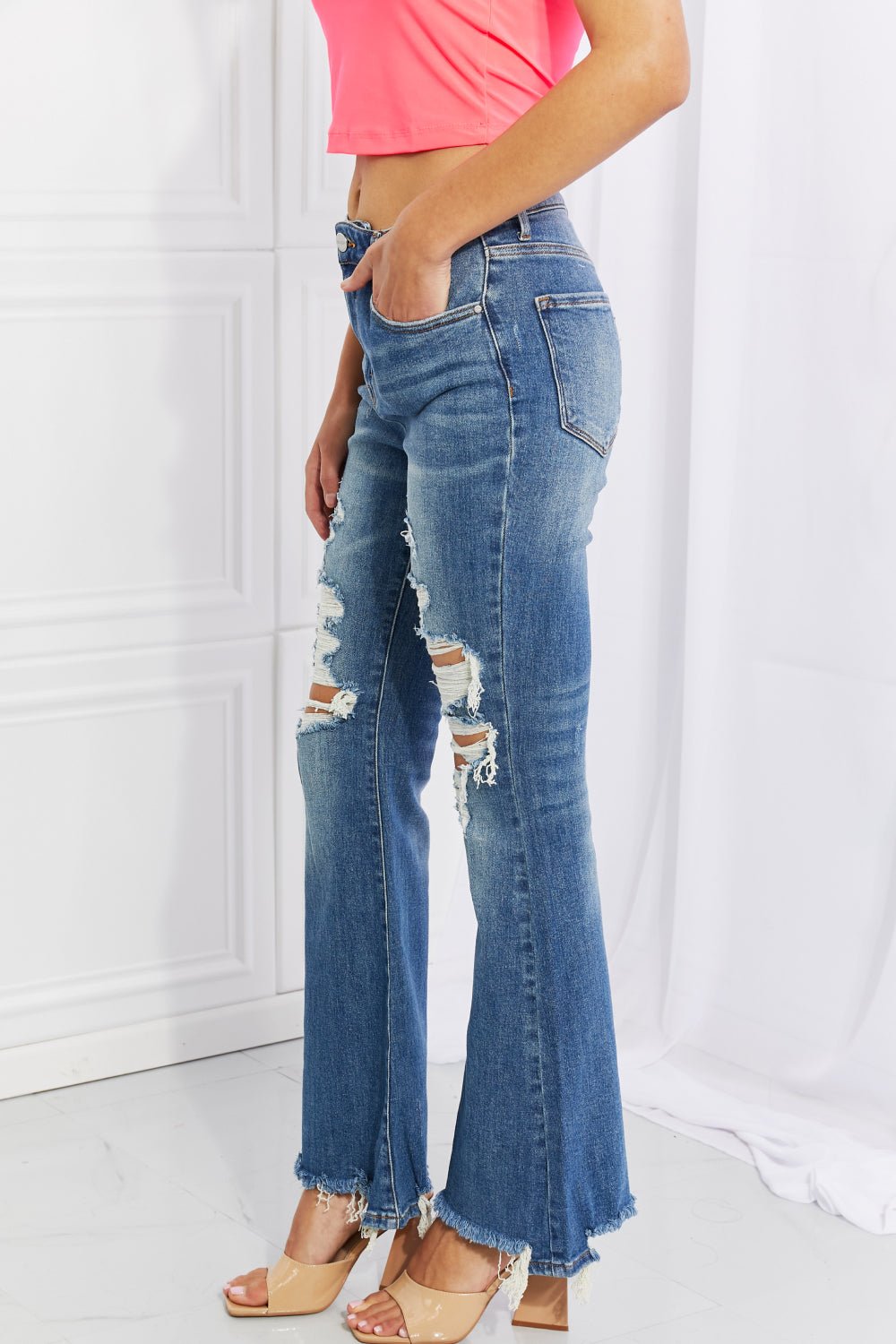 Sage High Rise Distressed Flare Jeans - Tangerine Goddess