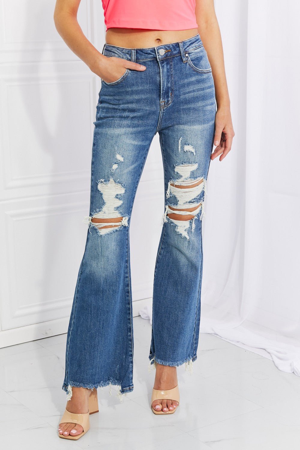 Sage High Rise Distressed Flare Jeans - Tangerine Goddess