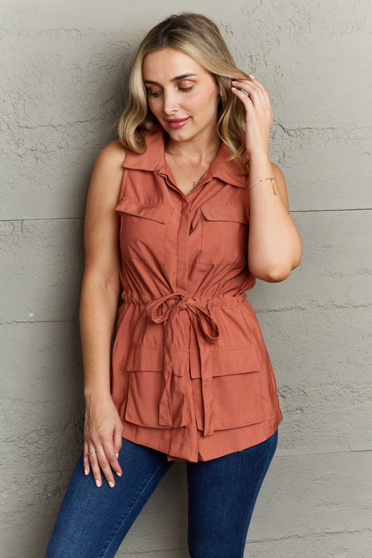 Sleeveless Collared Button Down Top - Tangerine Goddess