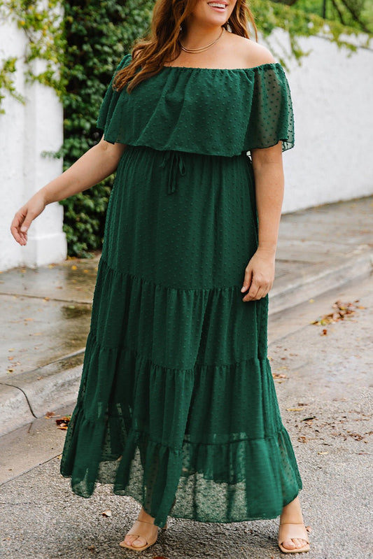 Swiss Dot Off-Shoulder Tiered Dress - Dress Tangerine Goddess Green / 1X