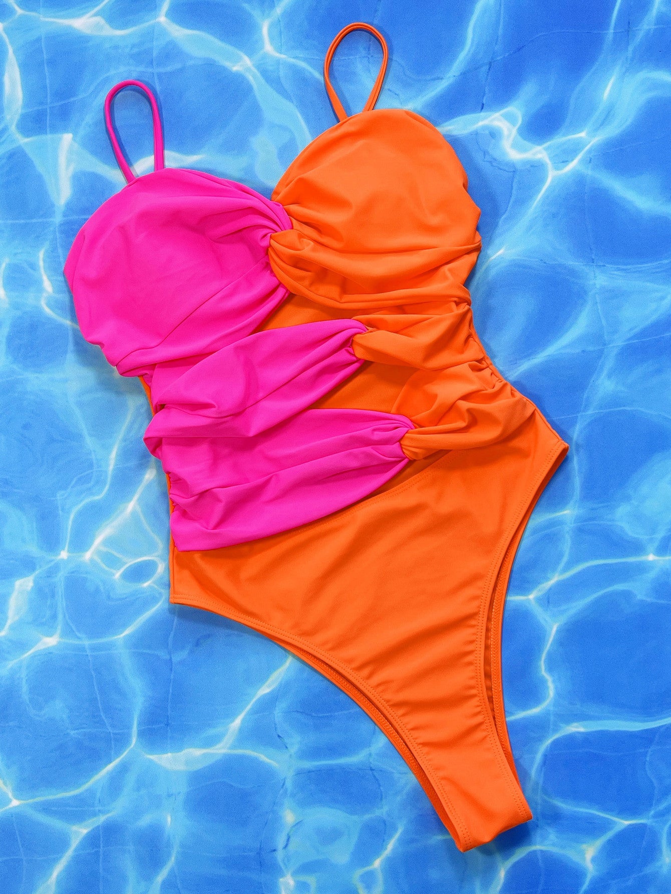 Two-Tone Twisted Cutout One-Piece Swimsuit - Tangerine Goddess