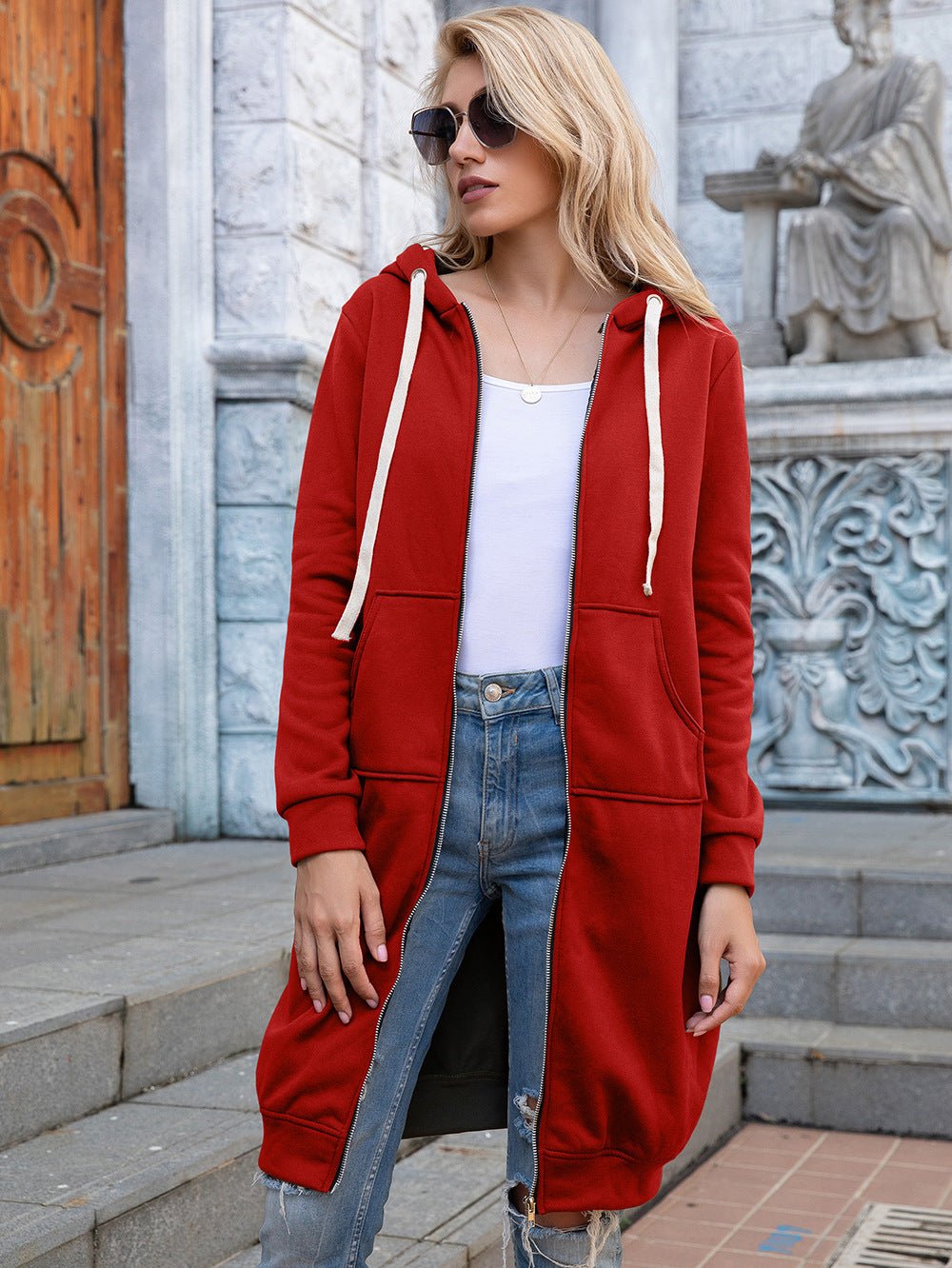 Zip-Up Longline Hoodie with Pockets - Tangerine Goddess